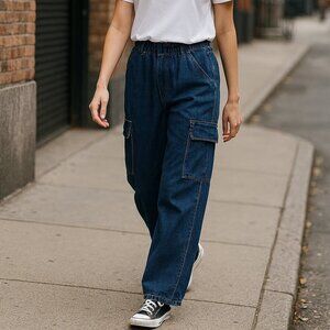 2XL Unisex Cargo Denim Pants – Wide Leg, Multi‑Pocket, Straight Fit